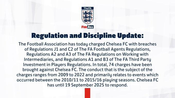 开云体育下载-官方：英足总对切尔西提起74项指控，涉及后者09-22年间行为